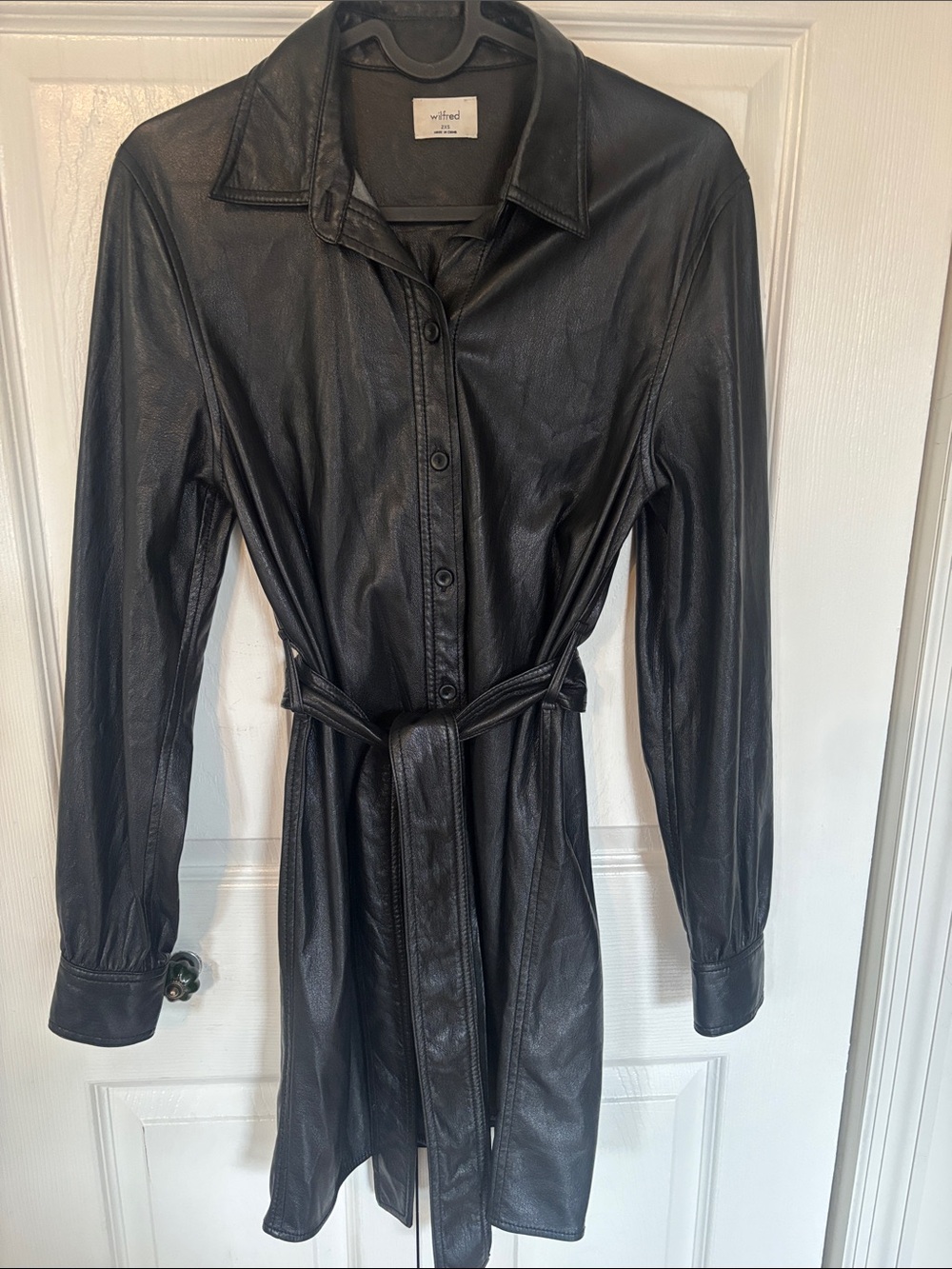 Wilfred Black Faux-Leather Button Front Dress (or jacket) Waist Tie Aritzia.